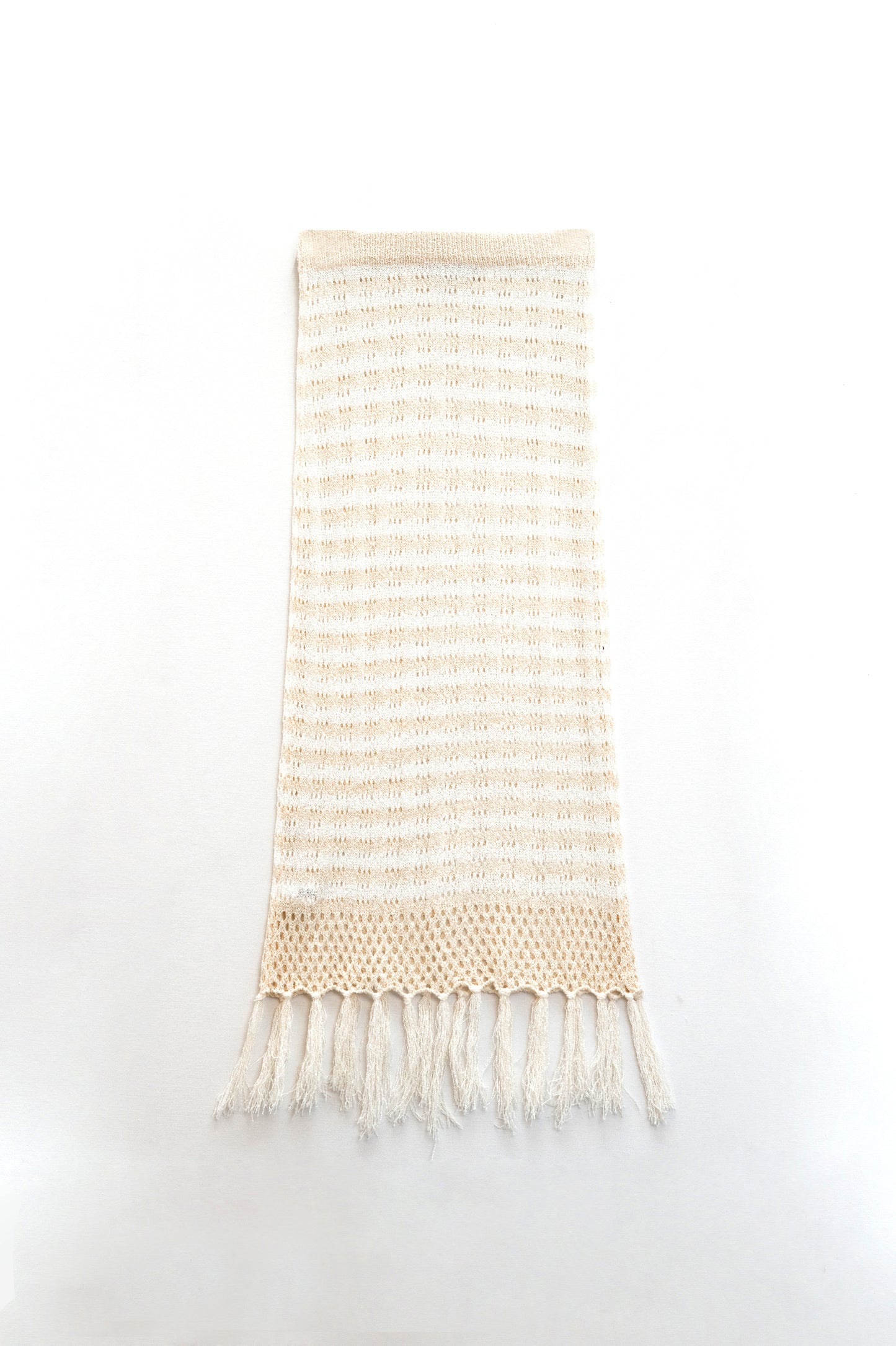 Midi crochet white skirt with beige stripes and fringe hem | Just Cool Beans — skirts