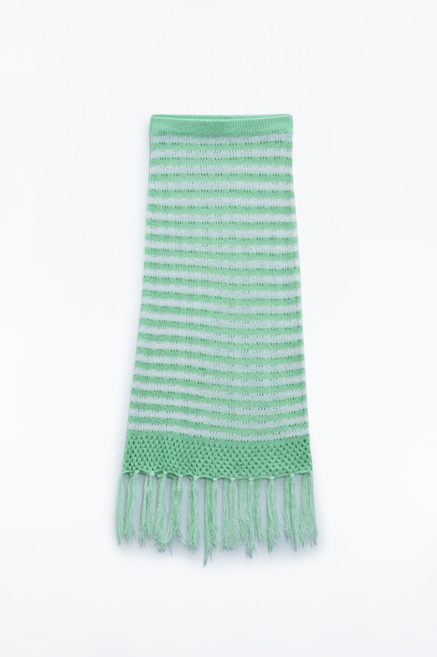 Midi crochet white skirt with green stripes and fringe hem | Just Cool Beans — skirts