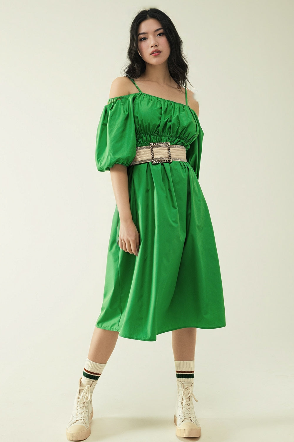 Midi green dress with short sleeves and straps | Just Cool Beans — dresses | bottoms