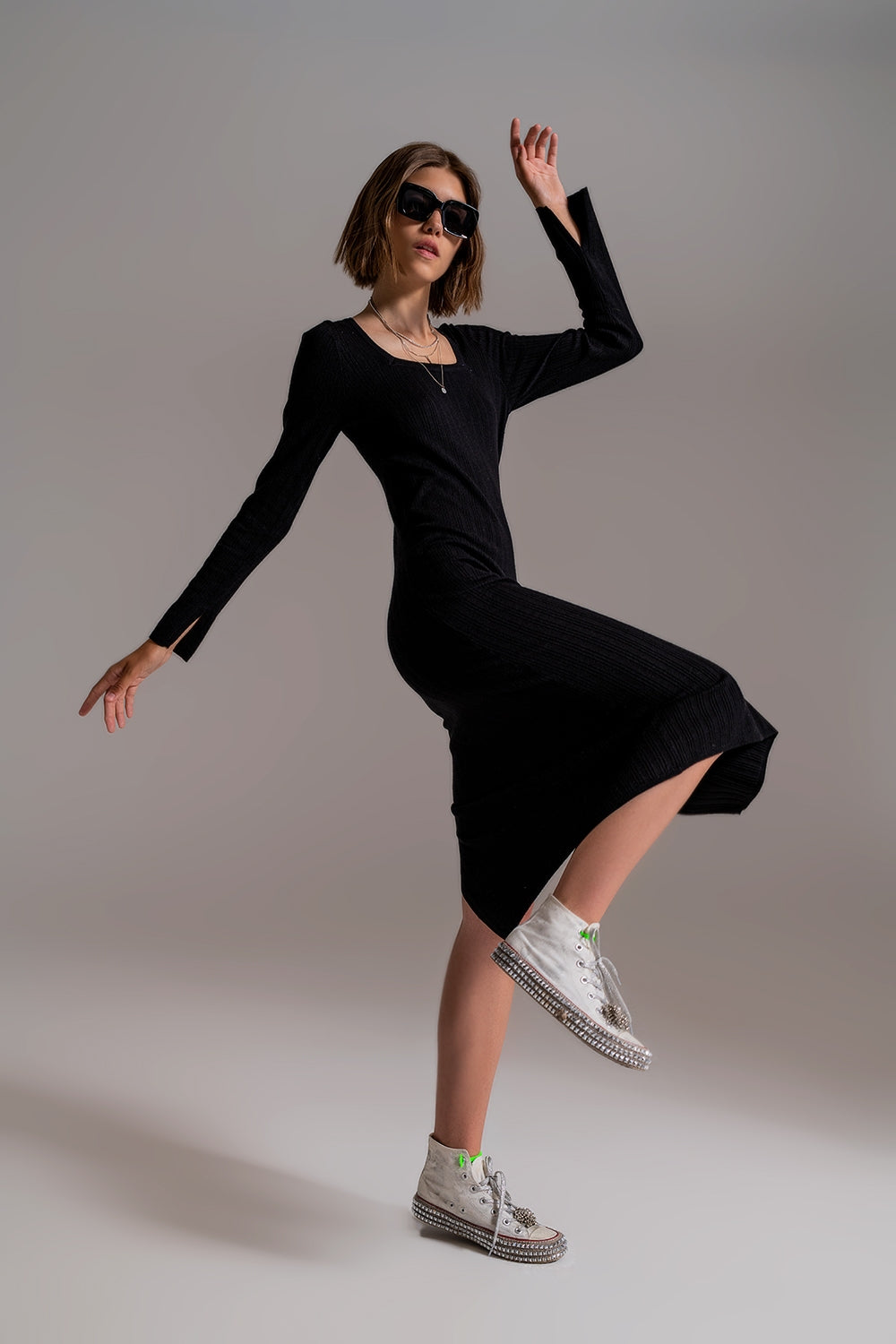 Midi knit dress with square neckline in black | Just Cool Beans — dresses