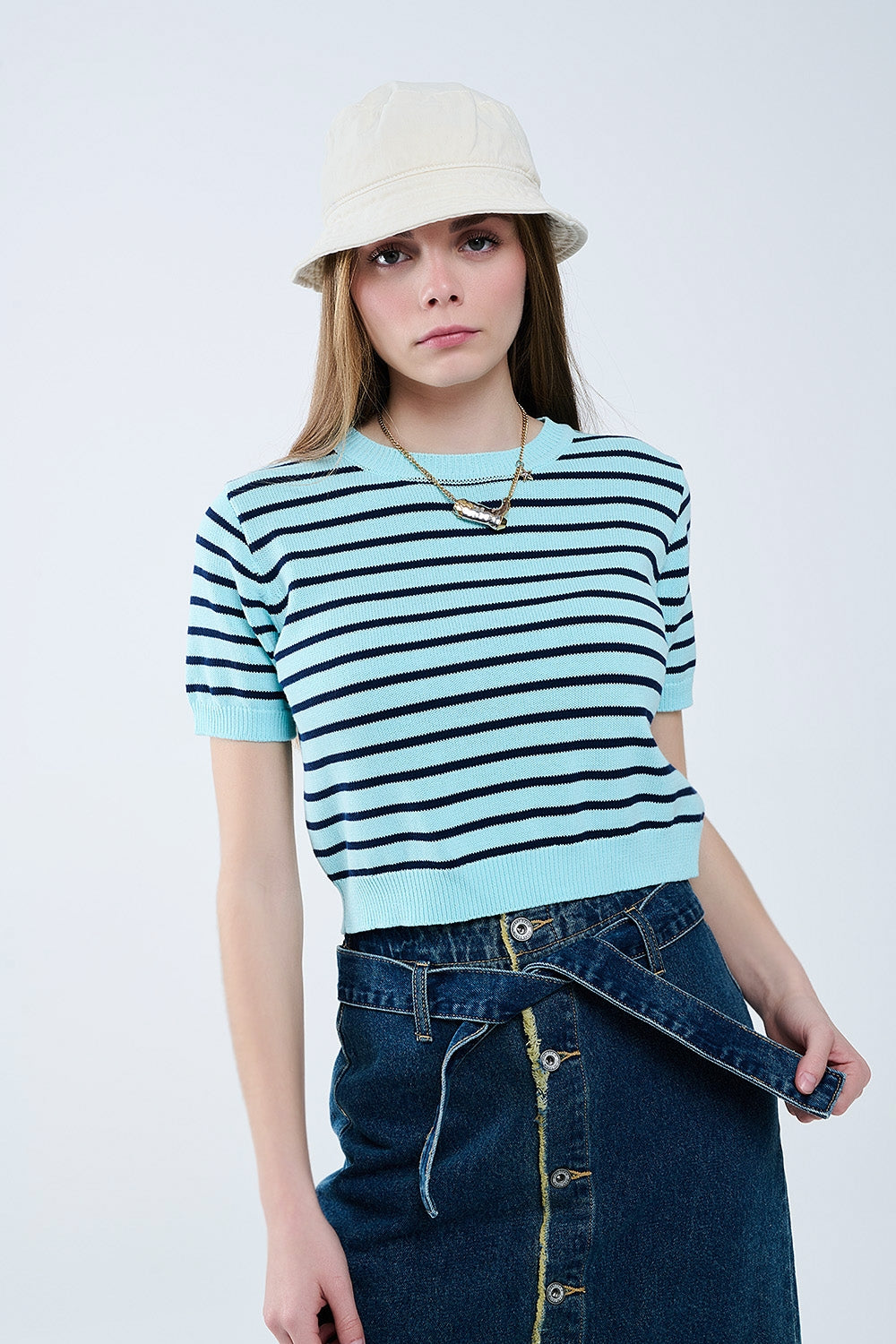 Mint green crop sweater with navy stripes | Just Cool Beans — sweaters | tops