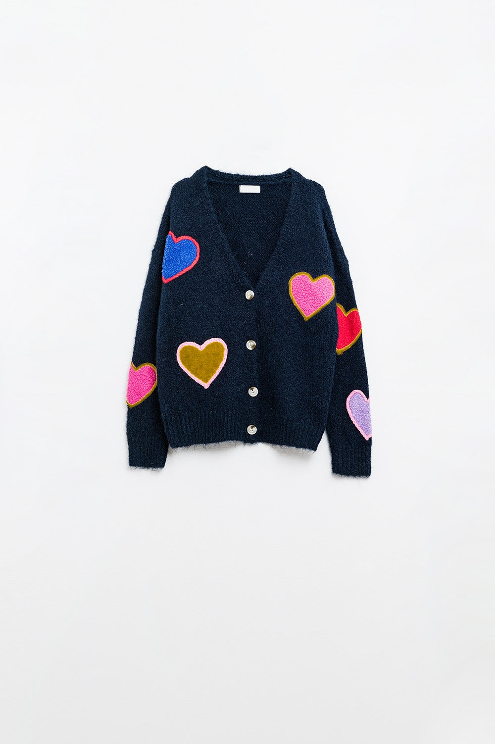 Navy blue knitted cardigan with embroidered hearts | Just Cool Beans — sweaters | tops
