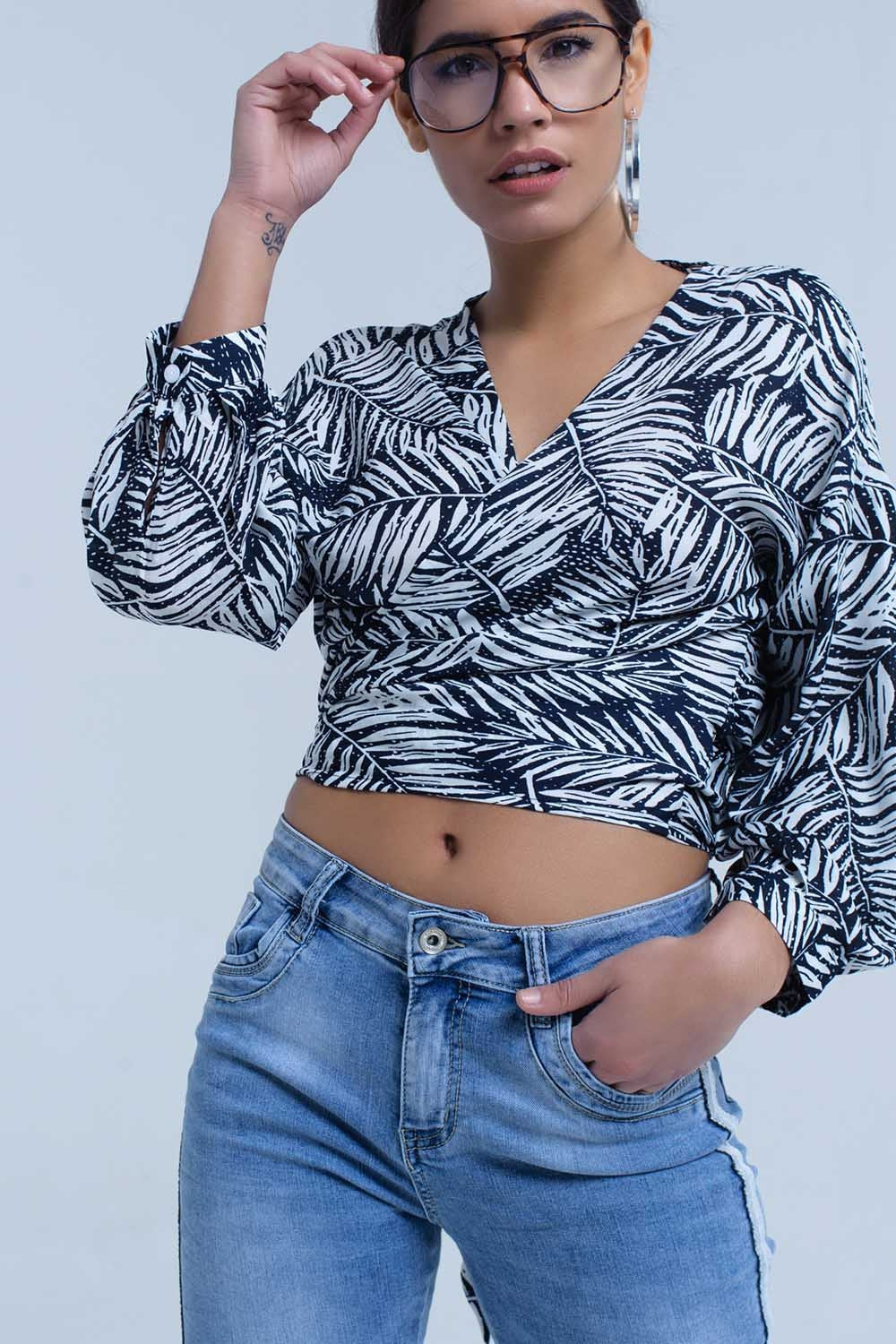 Navy leaf print blouse with plunge neck | Just Cool Beans — shirts | tops
