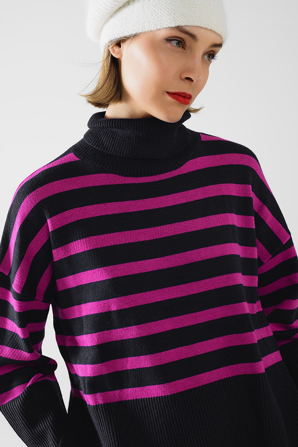 Navy oversized trutleneck sweater with fuchsia stripes and splits on the side | Just Cool Beans — sweaters | tops