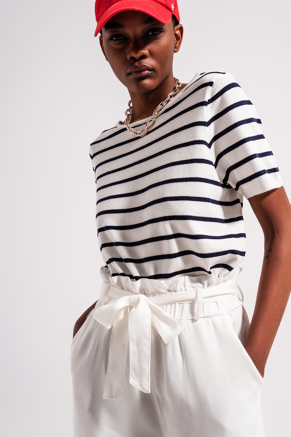 Open back lace up stripes jumper in navy | Just Cool Beans — sweaters | tops