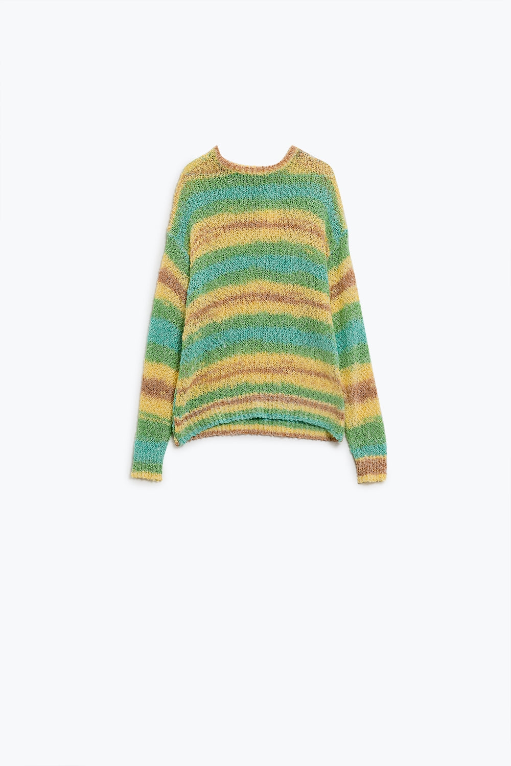 Open knit stripey crew neck sweater in shades of yellow and green | Just Cool Beans — sweaters | tops