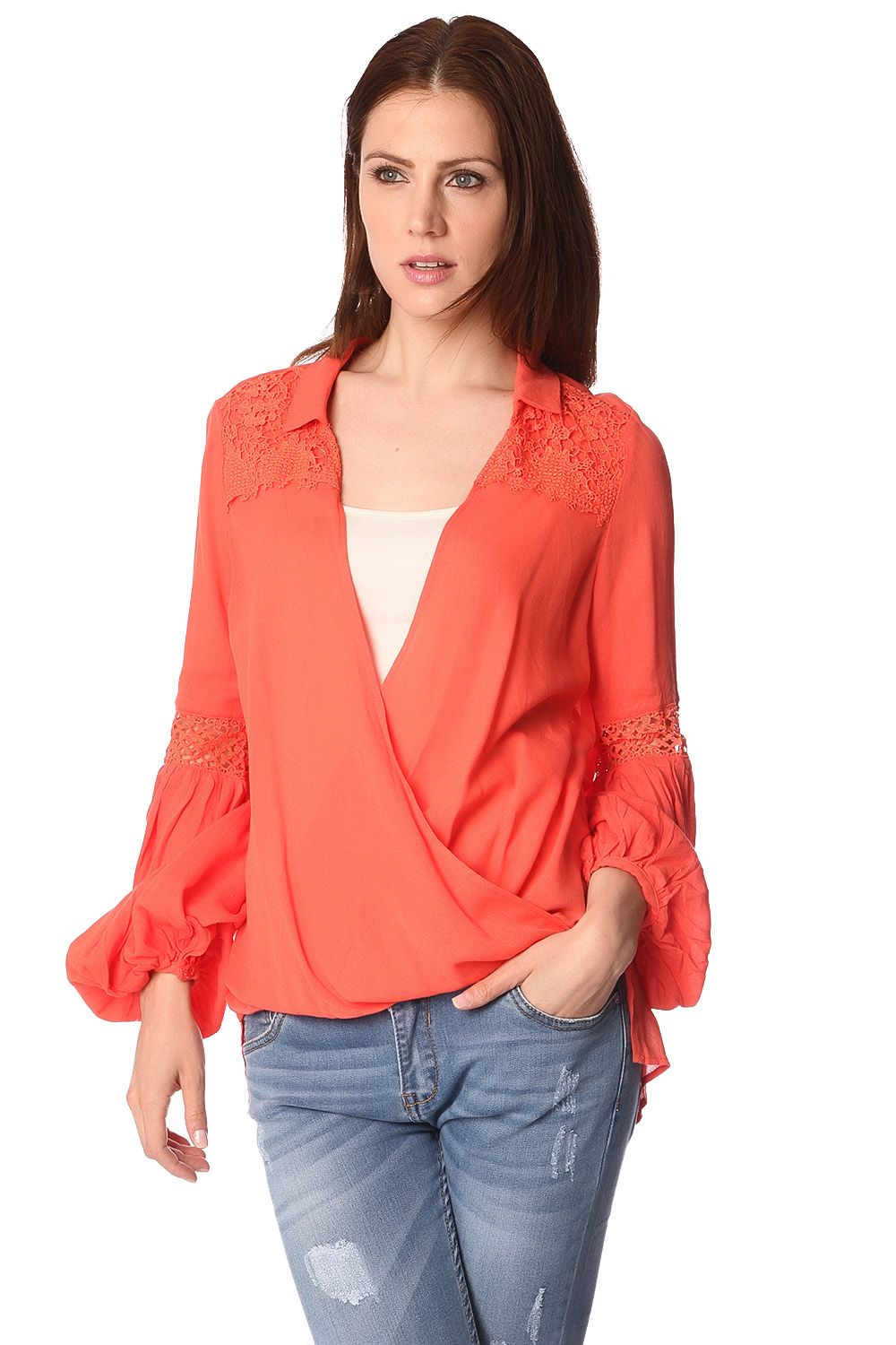Orange blouse with wrap front and draped detail | Just Cool Beans — shirts | tops