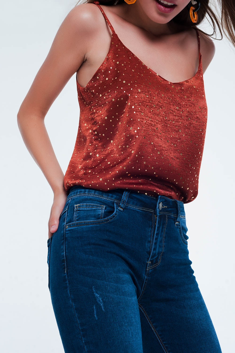 Orange polka dot strappy cami top | Just Cool Beans — shirts | tops