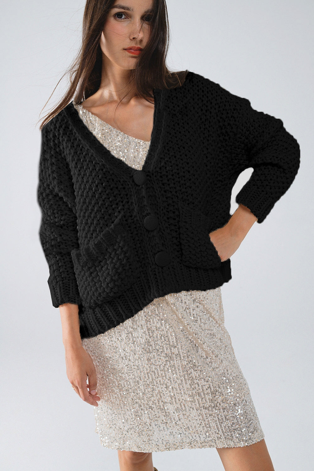 Oversized black chunky knit jacket with pockets | Just Cool Beans — sweaters | jackets