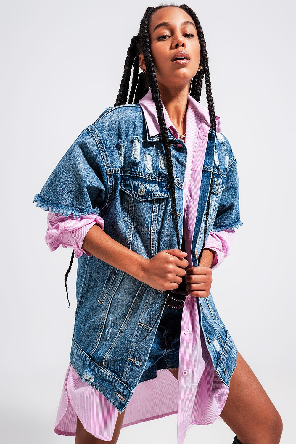Oversized distressed short sleeves denim jacket | Just Cool Beans — coats and jackets | bottoms