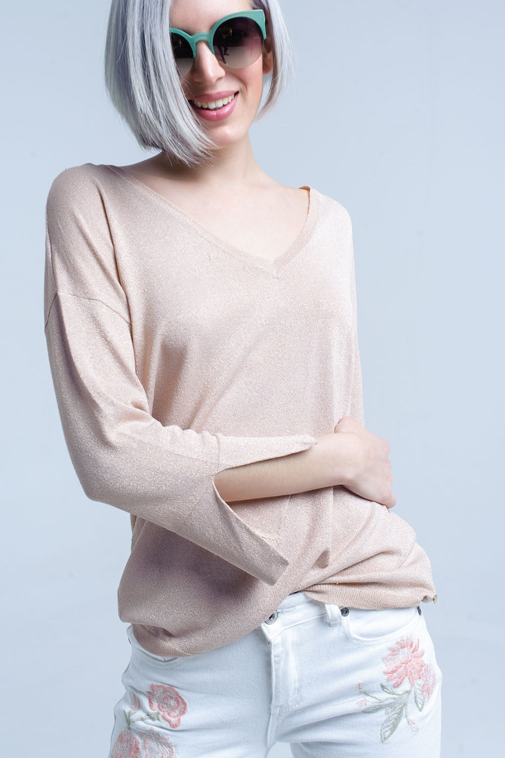 Pink knit sweater with gold lurex detail | Just Cool Beans — sweaters | tops
