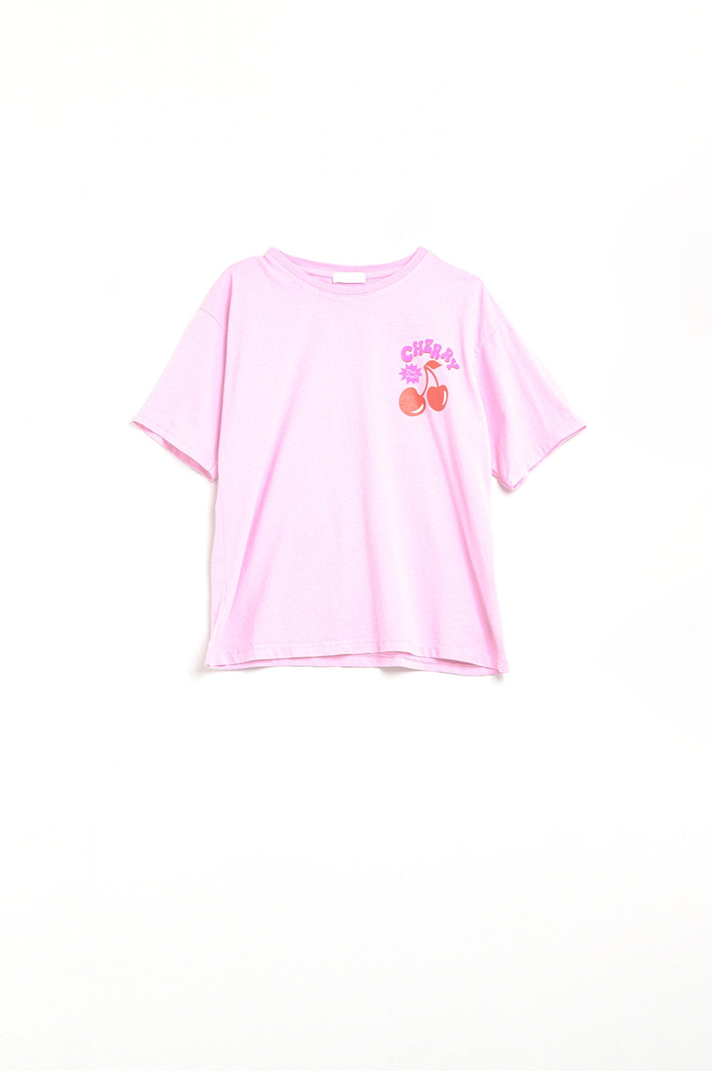 Pink t-shirt with cherry in logo and letters | Just Cool Beans — tops