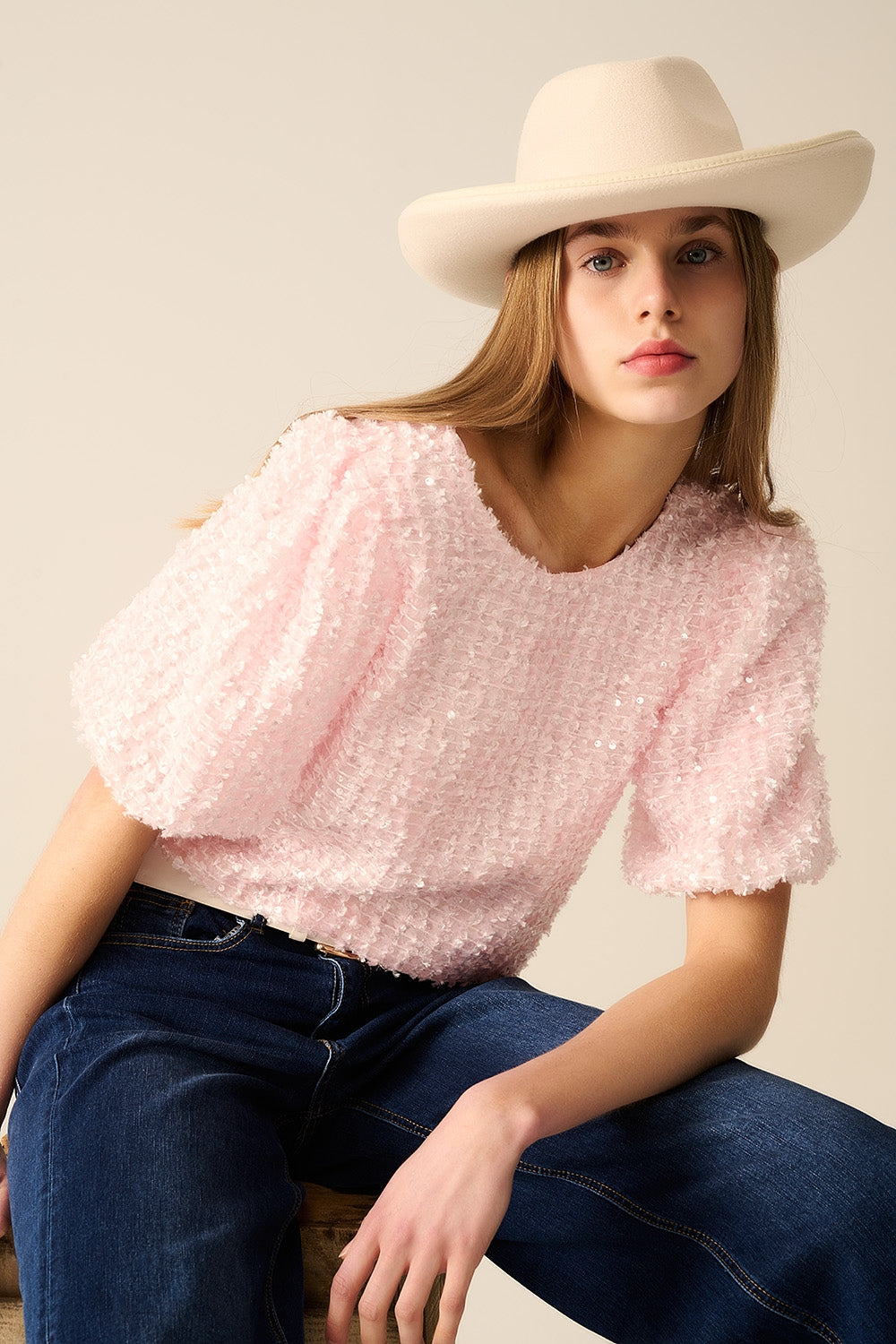Pink top with sequin detail and balloon sleeves | Just Cool Beans — tops