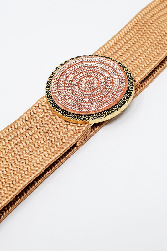 Pink woven belt with round buckle with rhinestones | Just Cool Beans