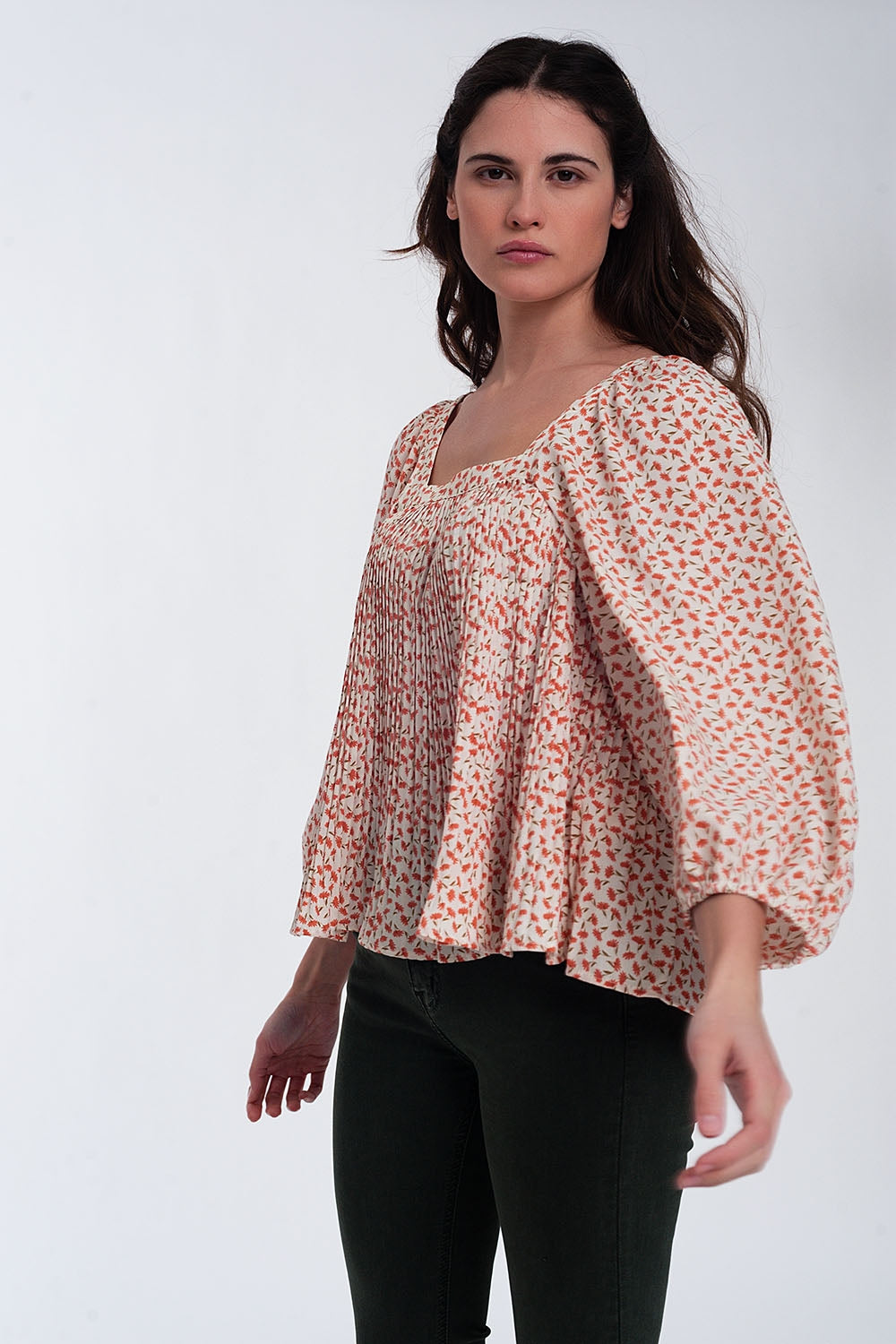 Puff sleeve top with square neck in coral floral print | Just Cool Beans — tops