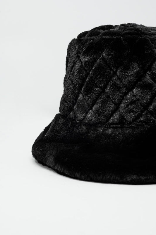 Quilted bucket hat in black faux fur | Just Cool Beans