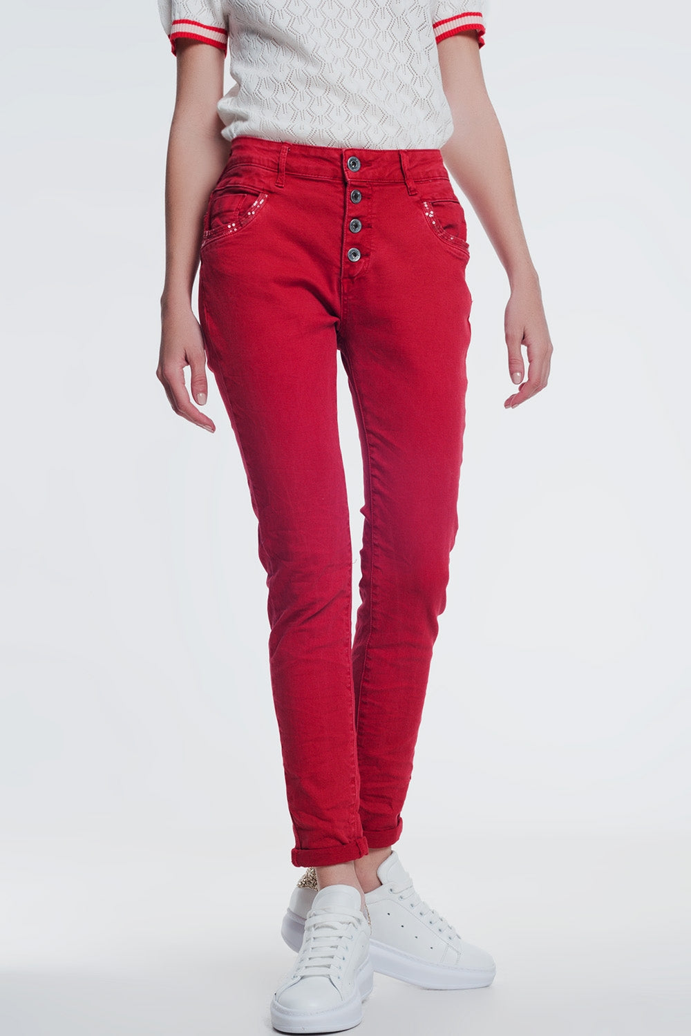 Red boyfriend jeans with button closure | Just Cool Beans — jeans | the denim shop