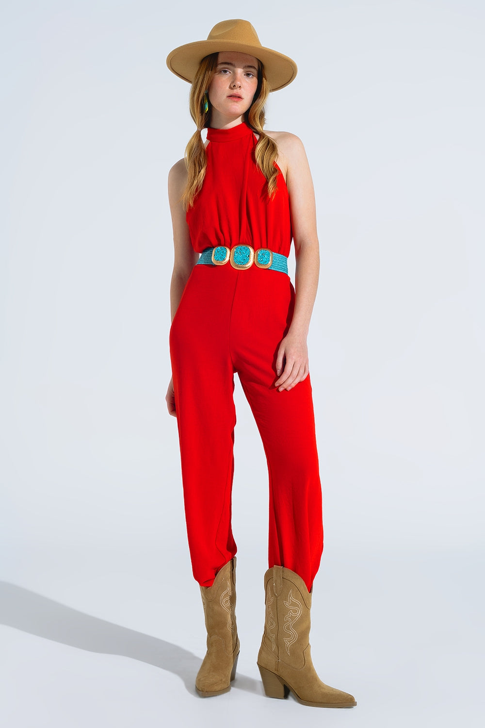 Red jumpsuit with crossed halter neckline | Just Cool Beans — dresses