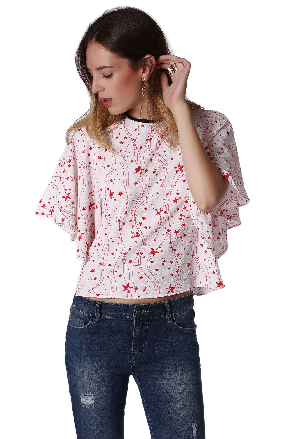 Relaxed angel sleeve top in red star print | Just Cool Beans — shirts | tops