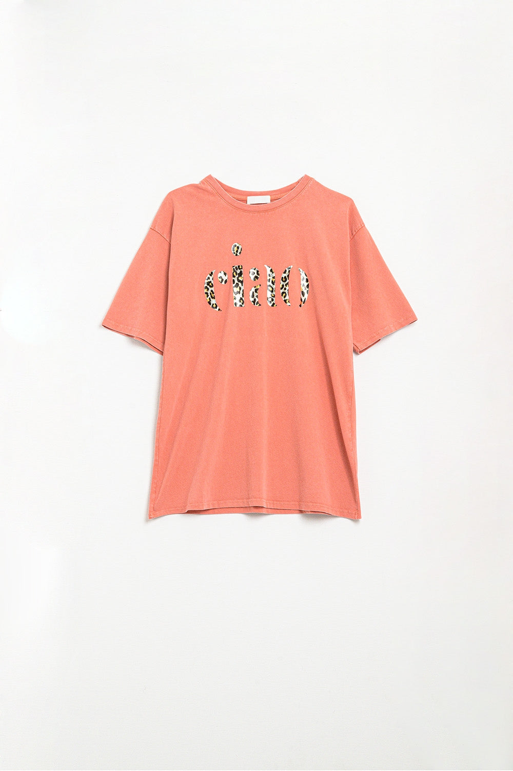Relaxed orange t-shirt with ciao in leopard print | Just Cool Beans — tops