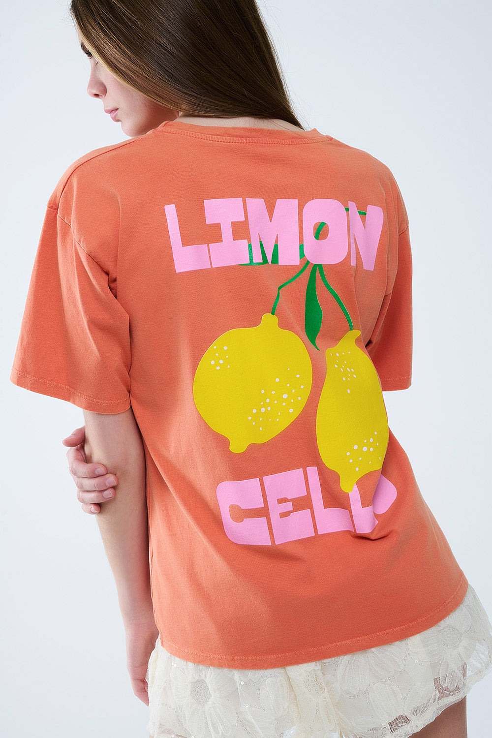 Relaxed orange t-shirt with lemon print | Just Cool Beans — tops