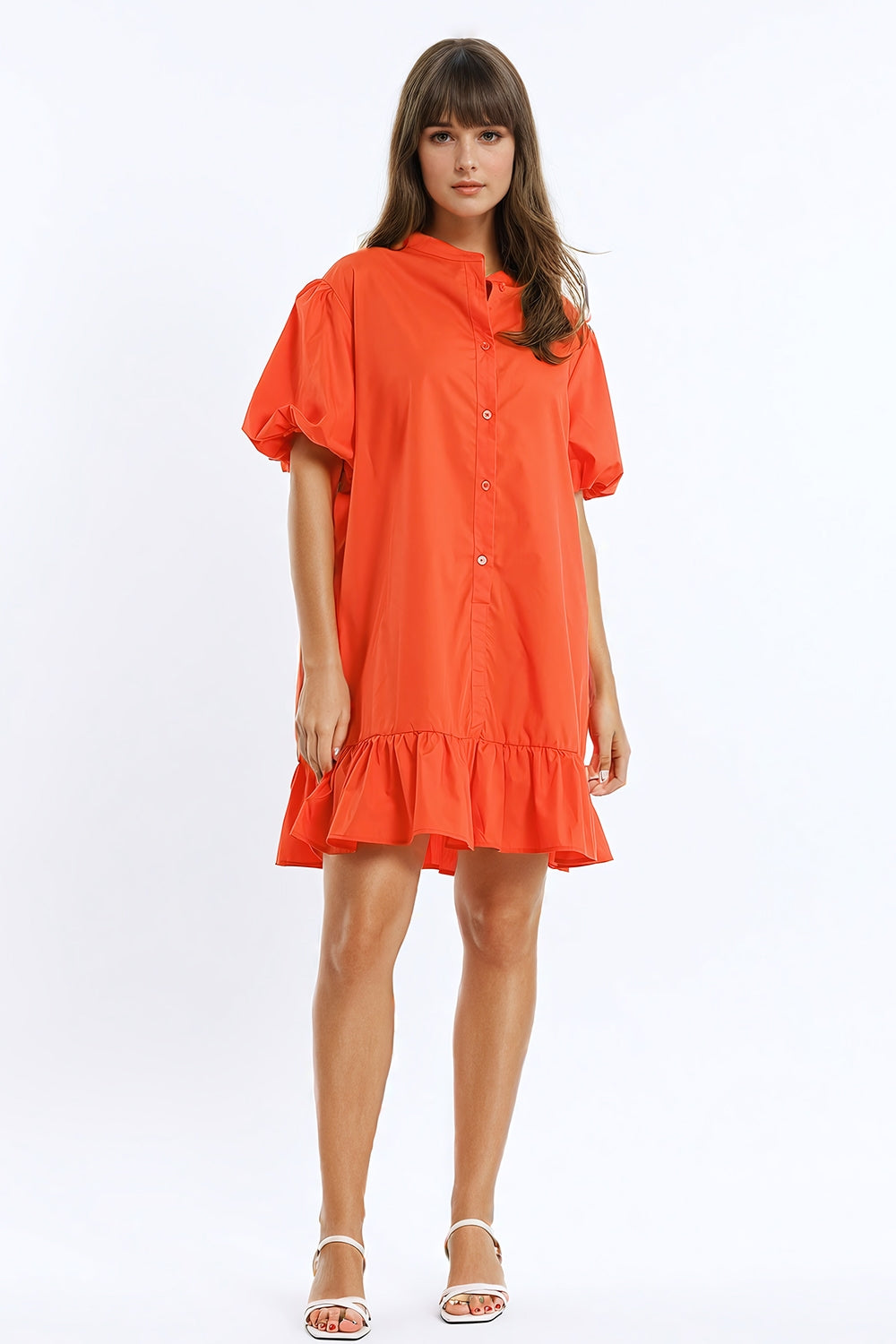 Relaxed shirt dress with balloon short sleeves and ruffle in orange | Just Cool Beans — dresses | bottoms