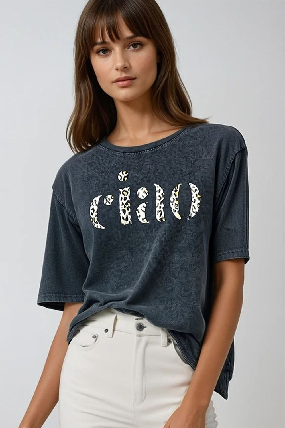 Relaxed stonewashed black t-shirt with ciao in leopard print | Just Cool Beans — tops
