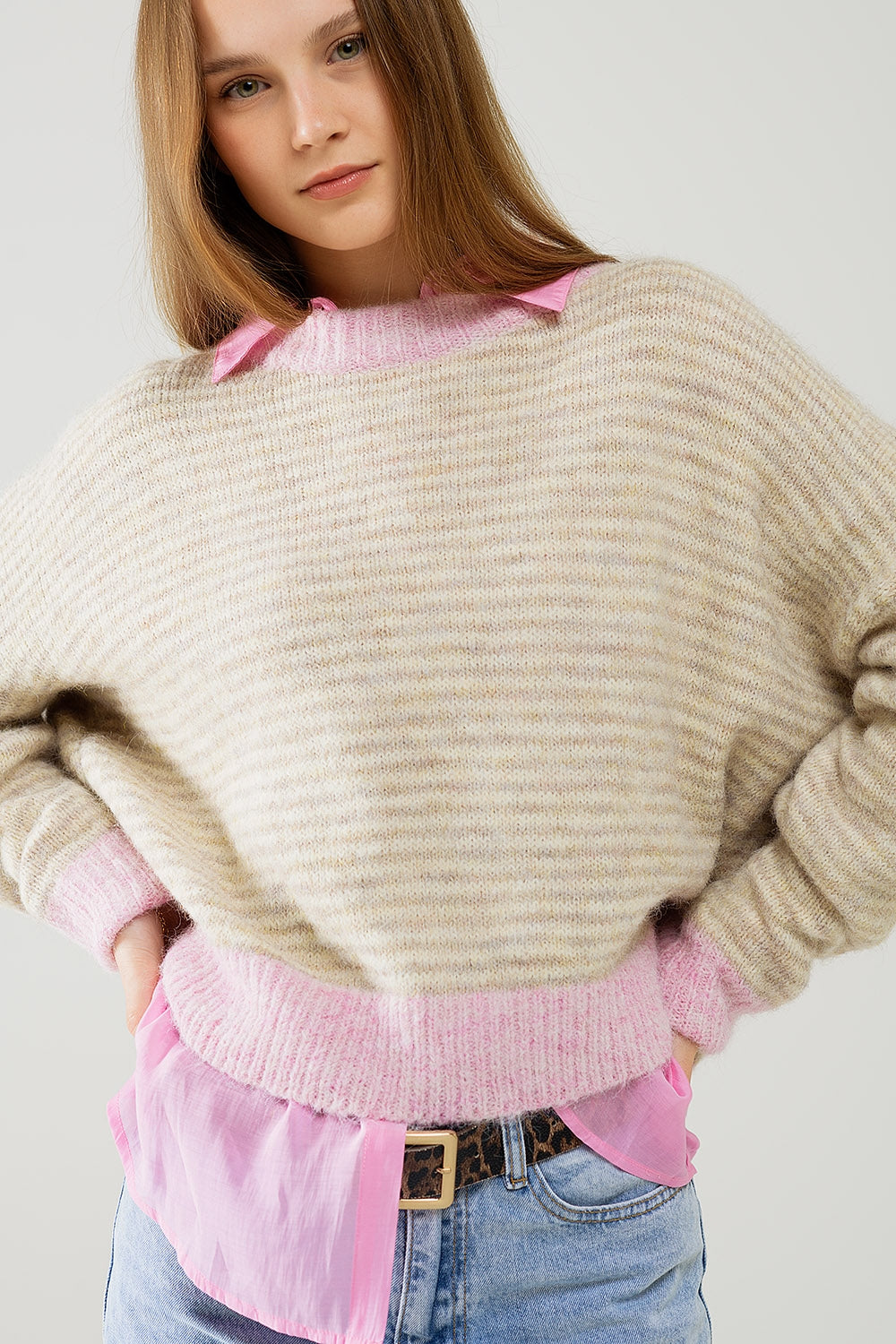 Relaxed stripey sweater in beige with pink details | Just Cool Beans — sweaters | tops