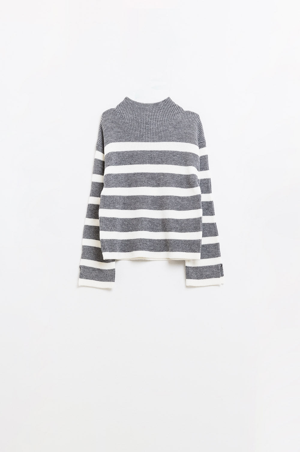Ribbed knit jersey in grey with cream stripes | Just Cool Beans — sweaters | tops