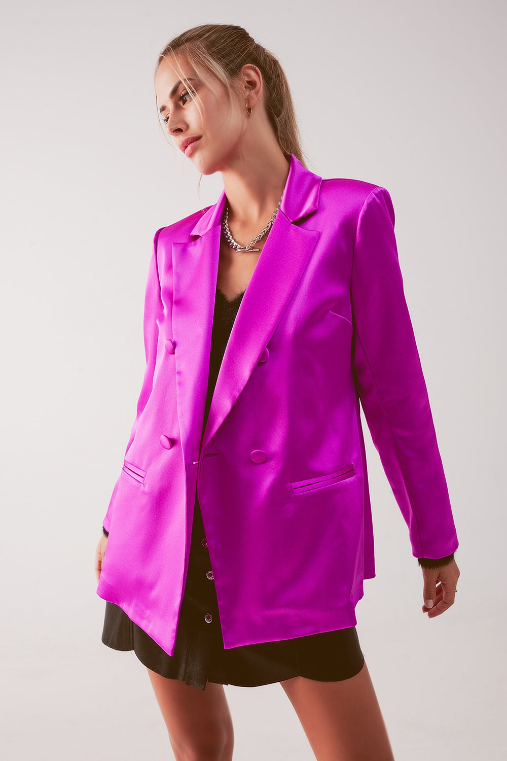 Satin double breasted suit blazer in fuchsia | Just Cool Beans — coats and jackets | jackets