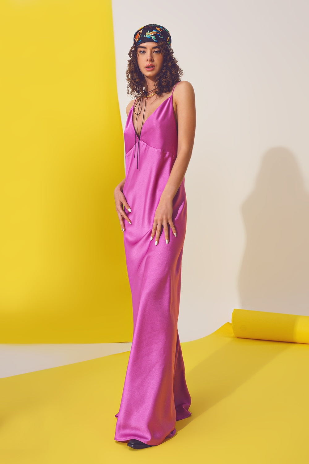 Satin maxi dress with spaghetti straps in fuchsia | Just Cool Beans — dresses