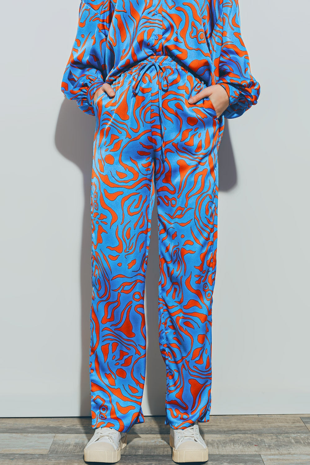 Satin pants with elastic waist in blue | Just Cool Beans — pants | bottoms