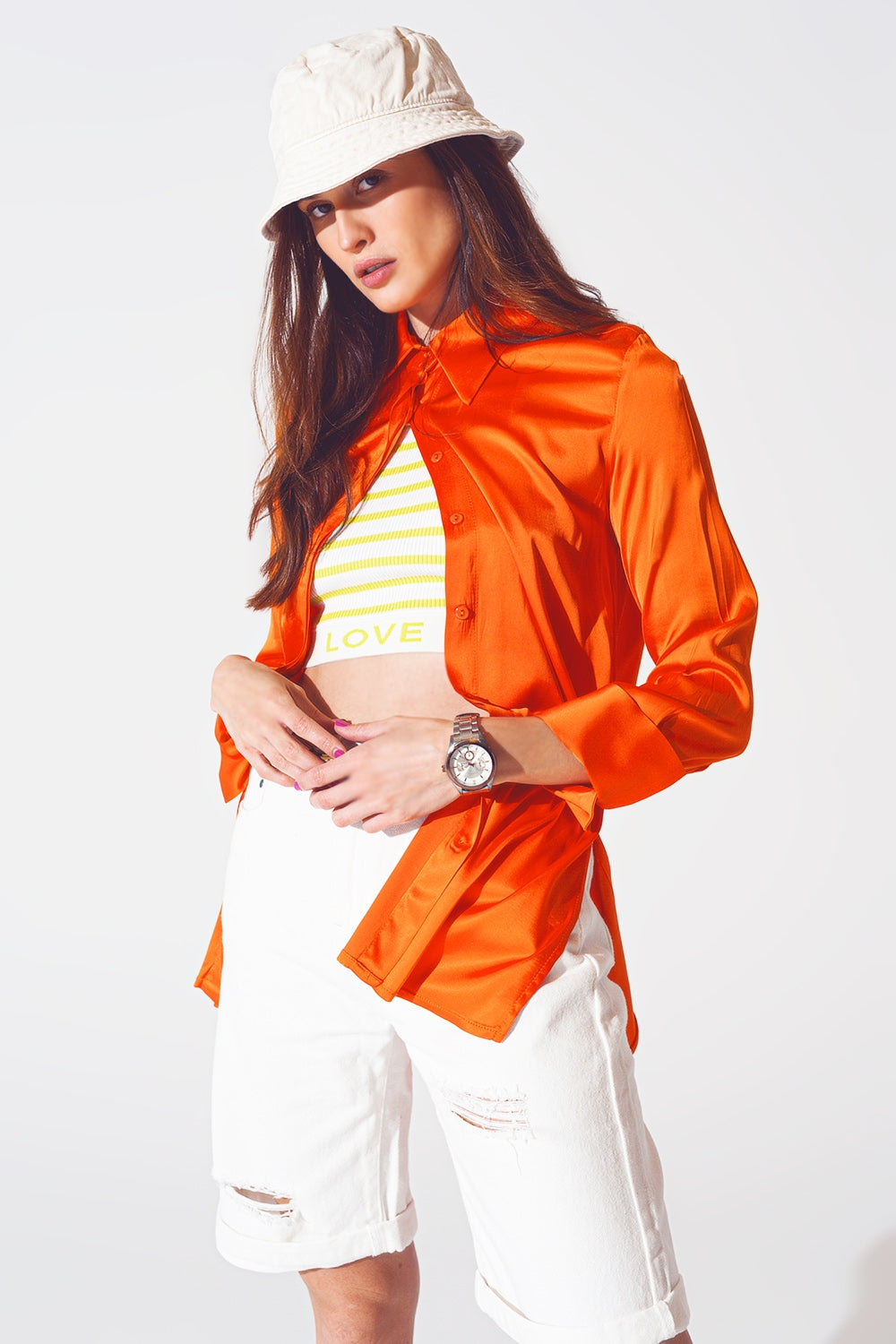 Satin shirt with split cuff in orange | Just Cool Beans