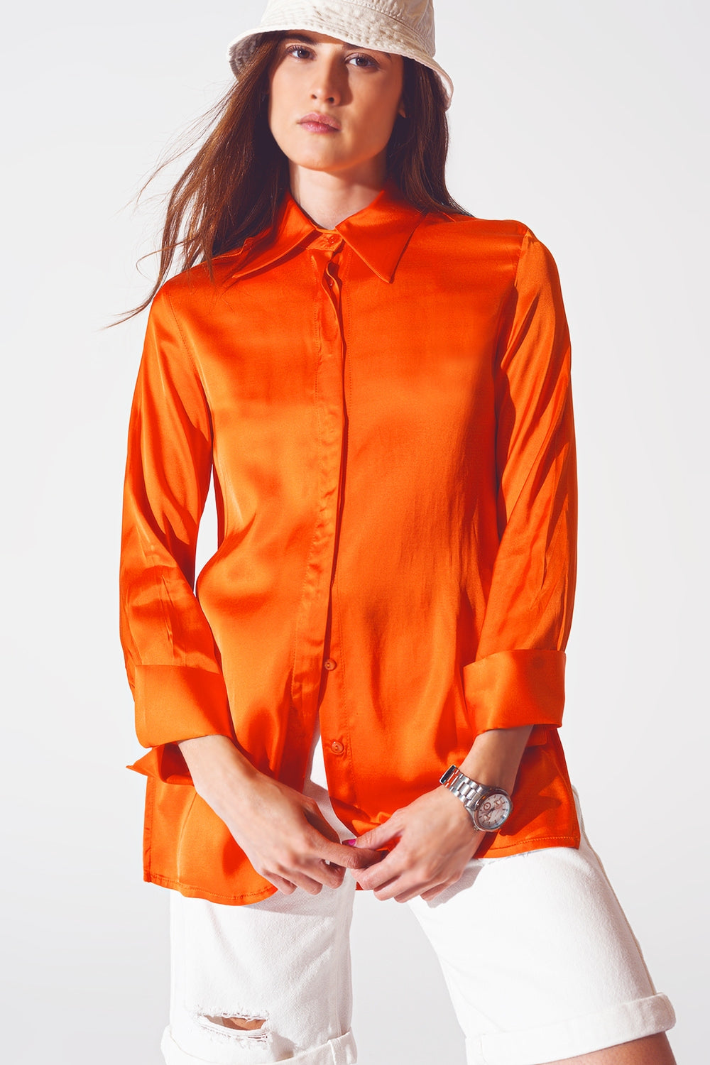 Satin shirt with split cuff in orange | Just Cool Beans
