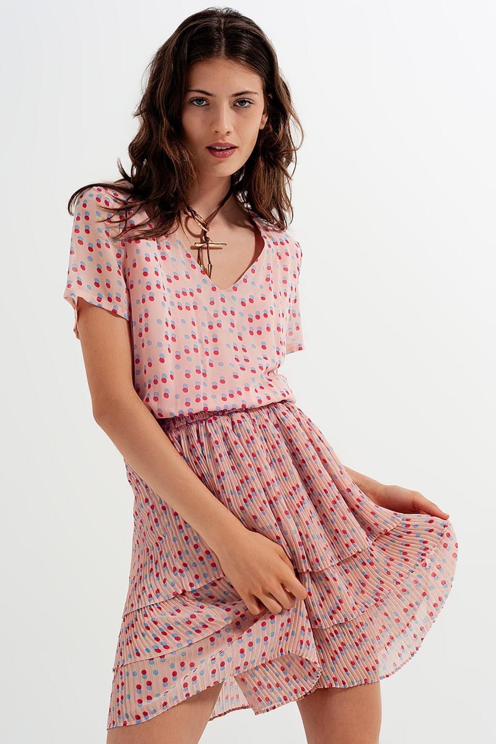 Shirred mini dress with peplum in pink | Just Cool Beans — dresses