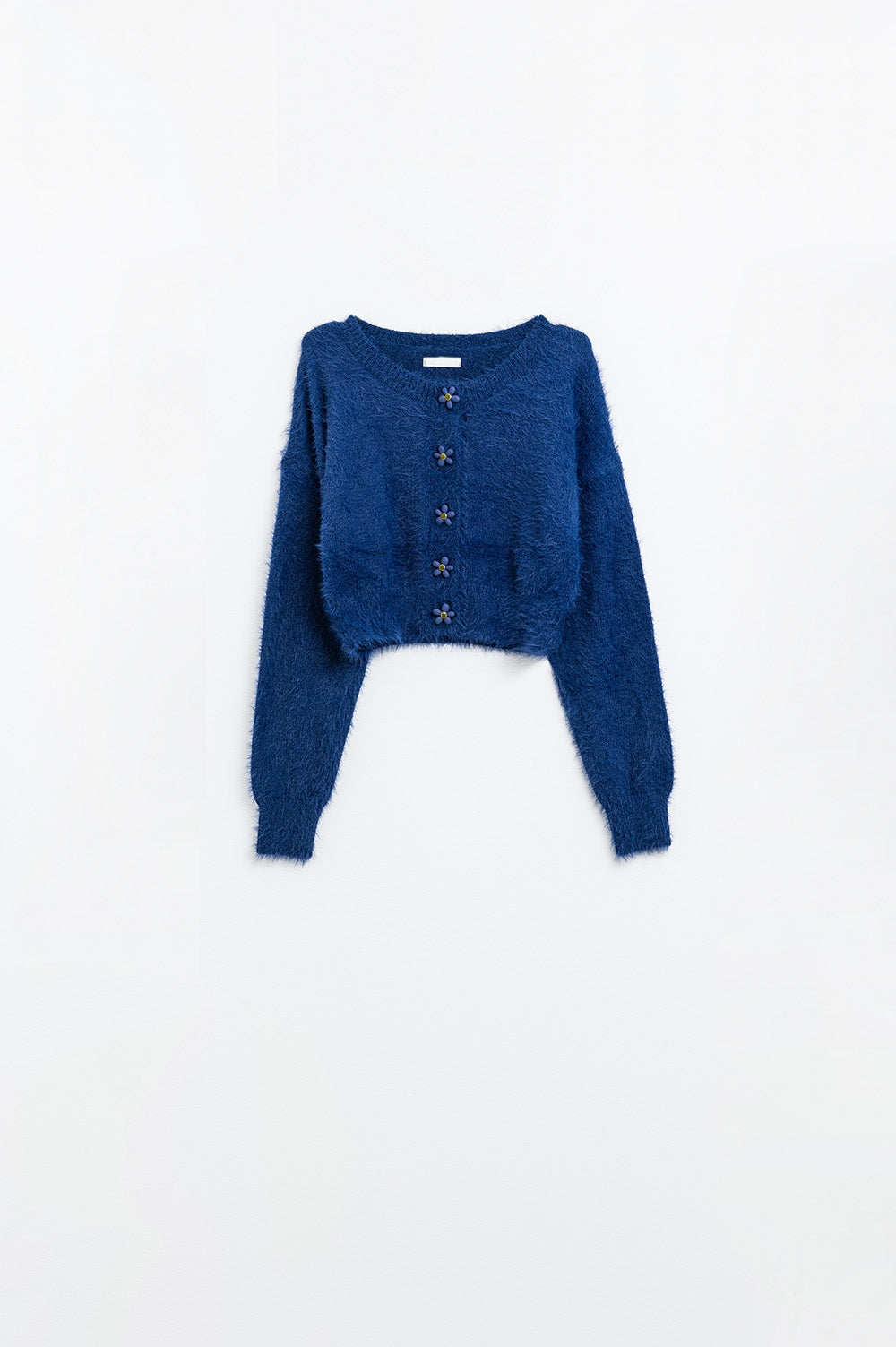 Short and fluffy navy cardigan with flower buttons | Just Cool Beans — sweaters | bottoms