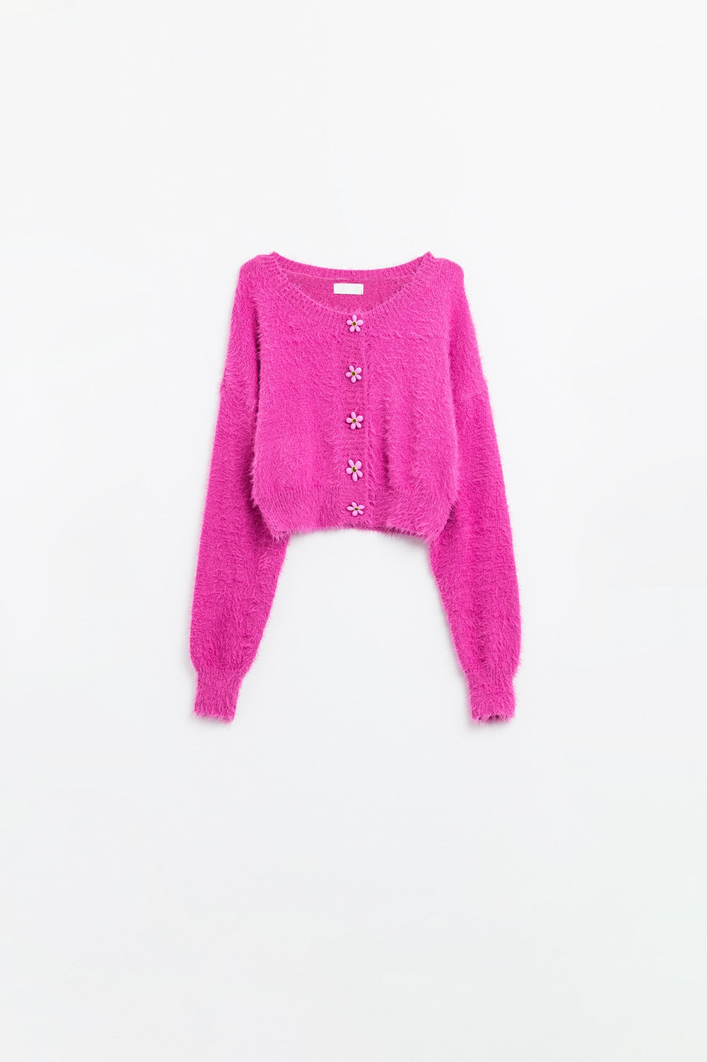Short and fluffy pink cardigan with flower buttons | Just Cool Beans — sweaters | bottoms