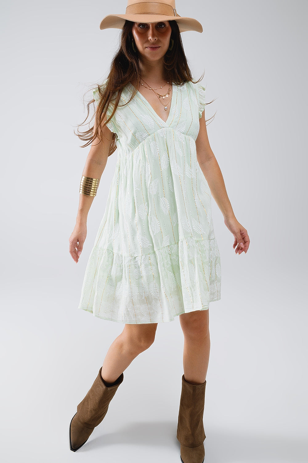 Short babydoll dress with leaf print and lurex thread in mint | Just Cool Beans — dresses | bottoms