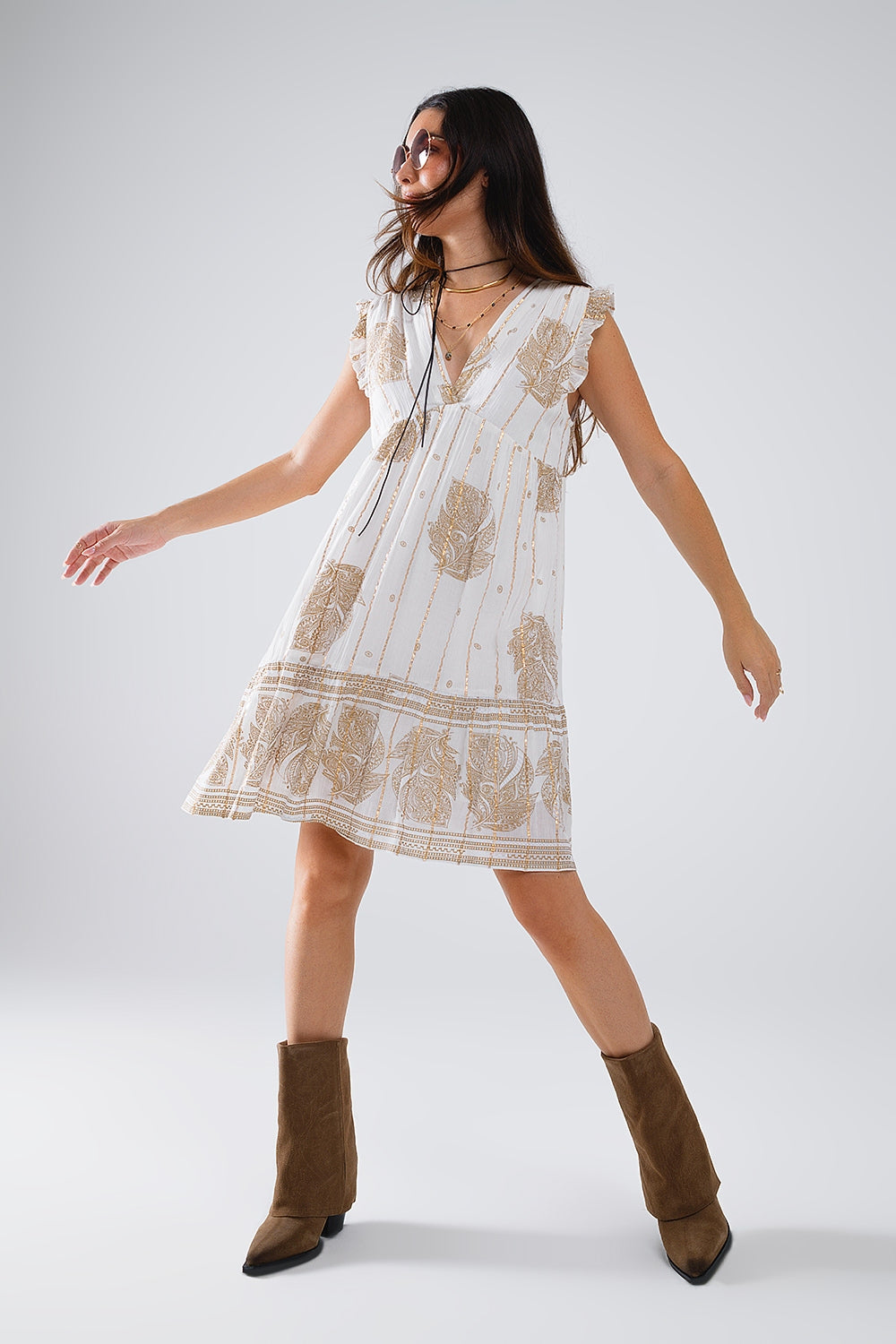 Short babydoll dress with leaf print and lurex thread in white | Just Cool Beans — dresses | bottoms