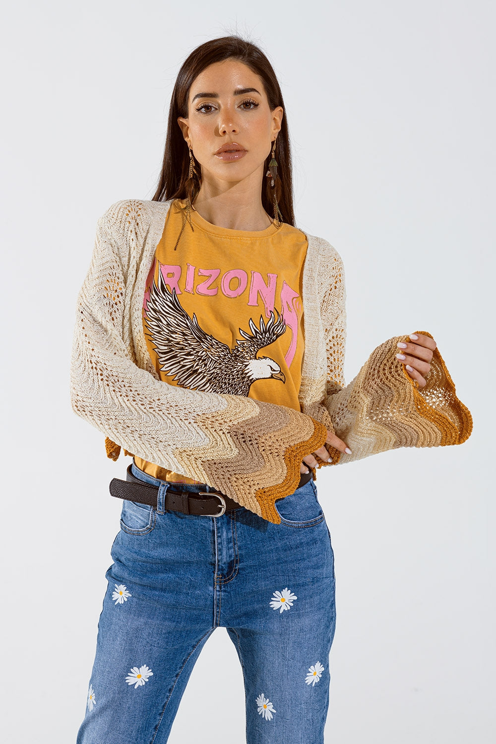 Short knitted cardigan with angel sleeves and wave multicolor detail in beige | Just Cool Beans — sweaters | bottoms