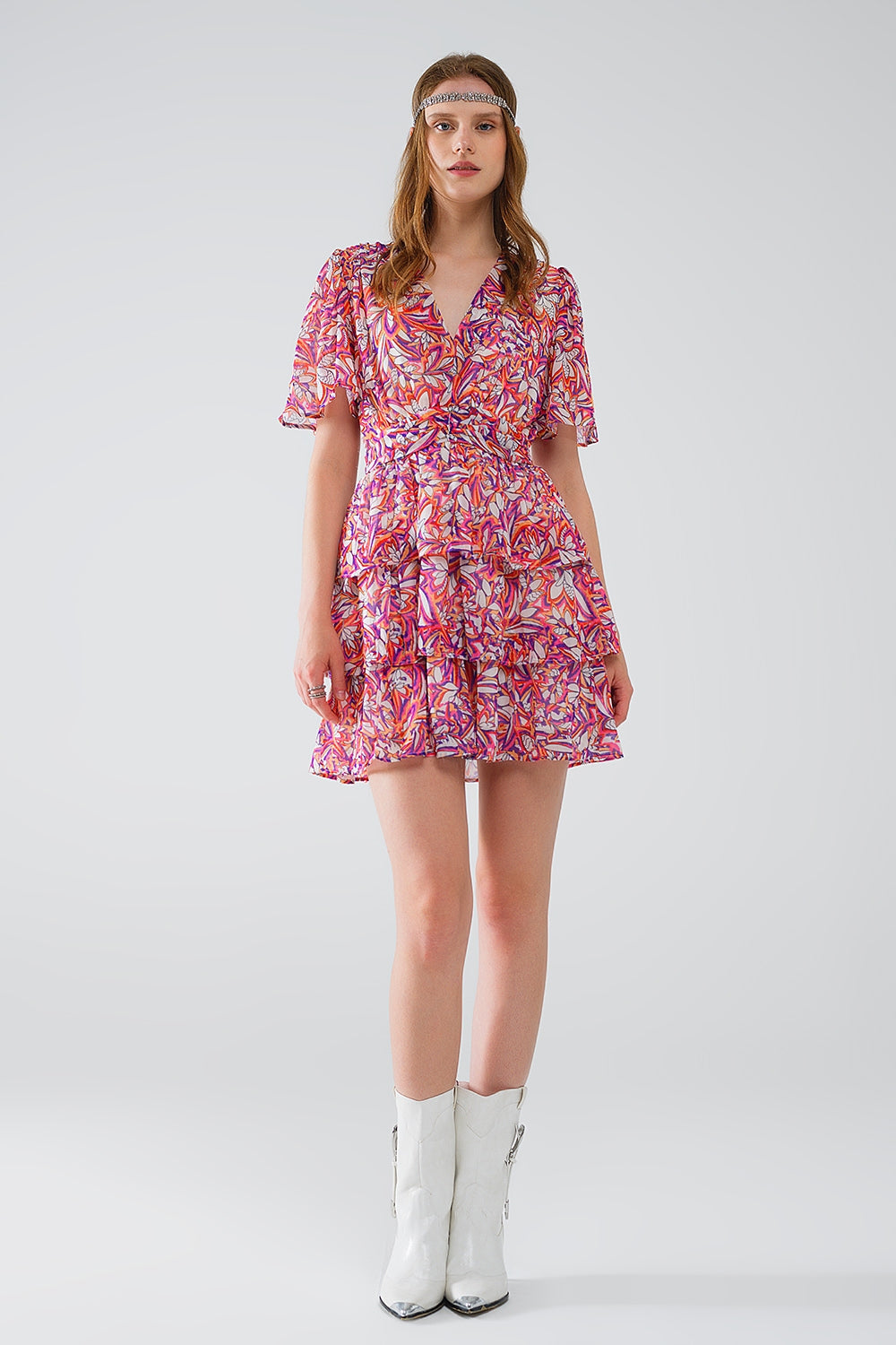 Short multicolor chiffon dress with floral print and ruched design | Just Cool Beans — dresses | bottoms