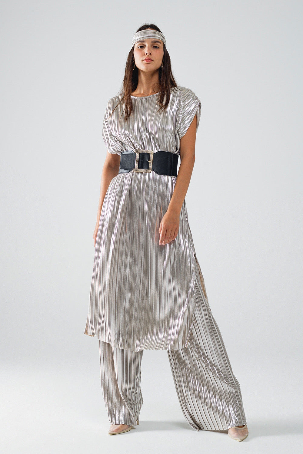 Silver pleated dress with belt and short sleeves | Just Cool Beans — dresses | bottoms