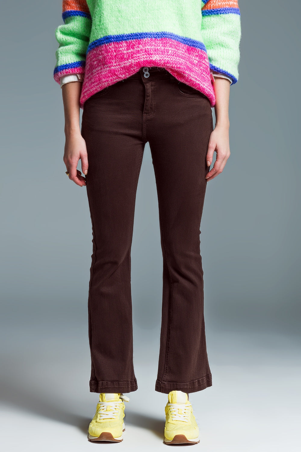 Skinny flared jeans with double button detail in brown | Just Cool Beans — jeans | the denim shop