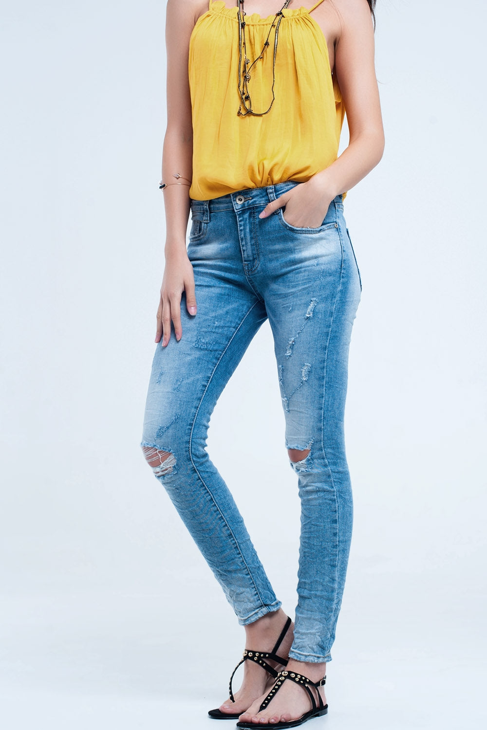 Skinny jeans in mid wash with knee rips | Just Cool Beans — jeans | the denim shop