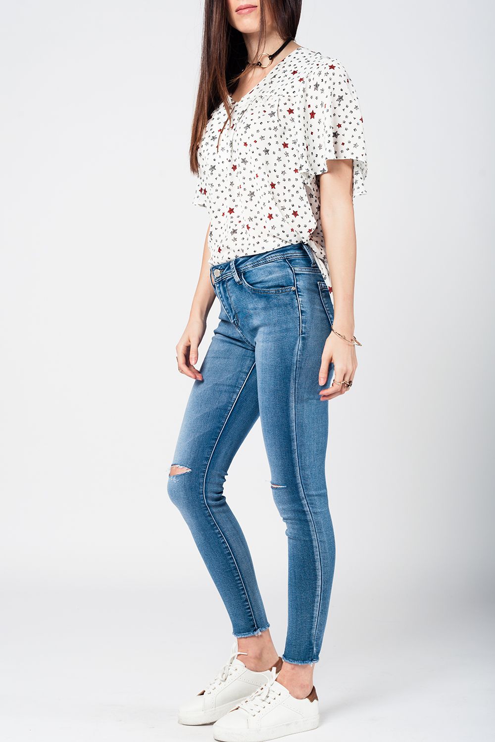 Skinny jeans in midwash with busted knees and chewed hems | Just Cool Beans — jeans | the denim shop