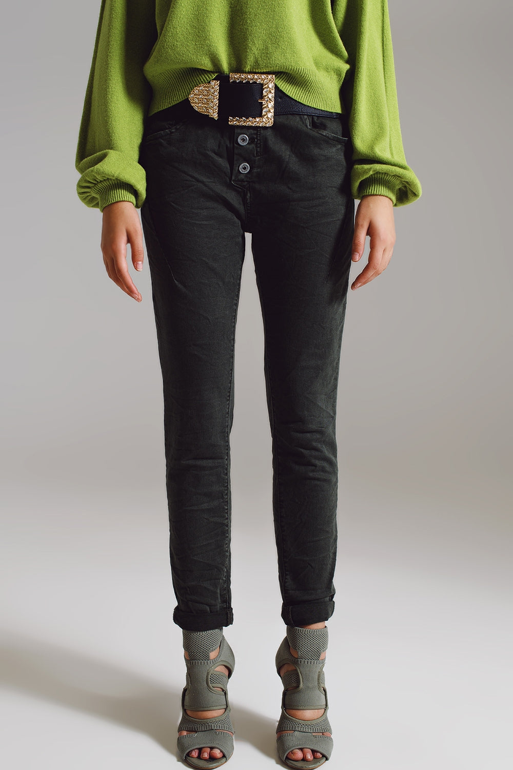 Skinny jeans with visible buttons in military green | Just Cool Beans — jeans | the denim shop