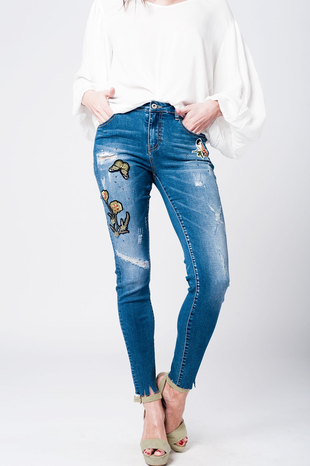 Skinny rip jeans with embroidered patches | Just Cool Beans — jeans | the denim shop