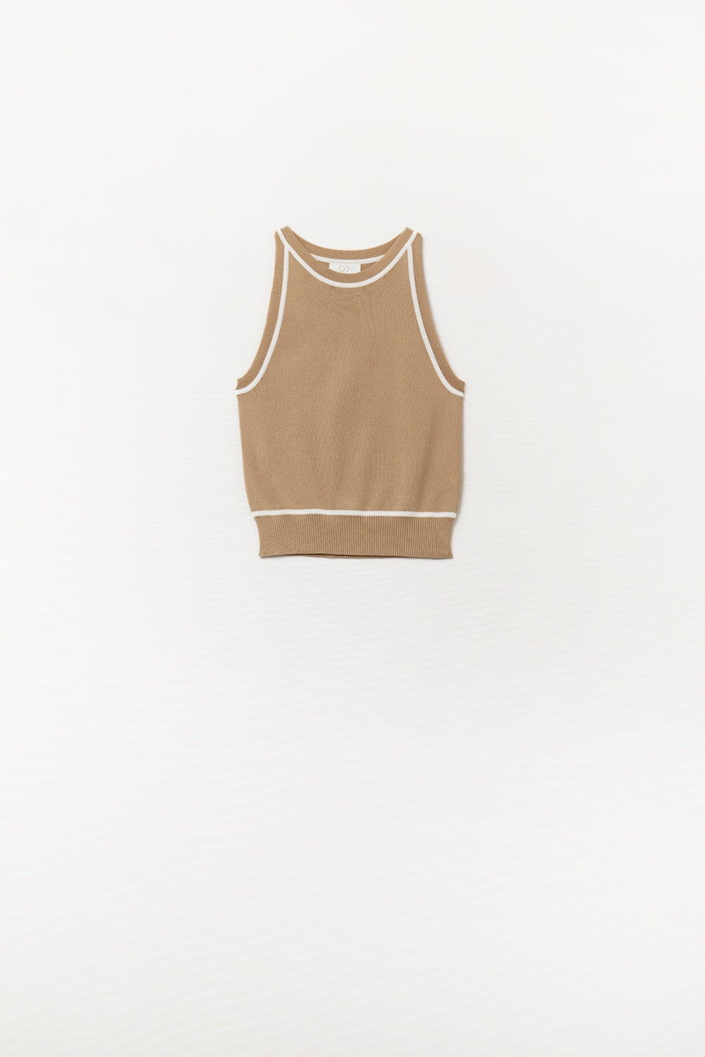 Sleeveless sweater in camel featuring detail white lines | Just Cool Beans — sweaters | tops