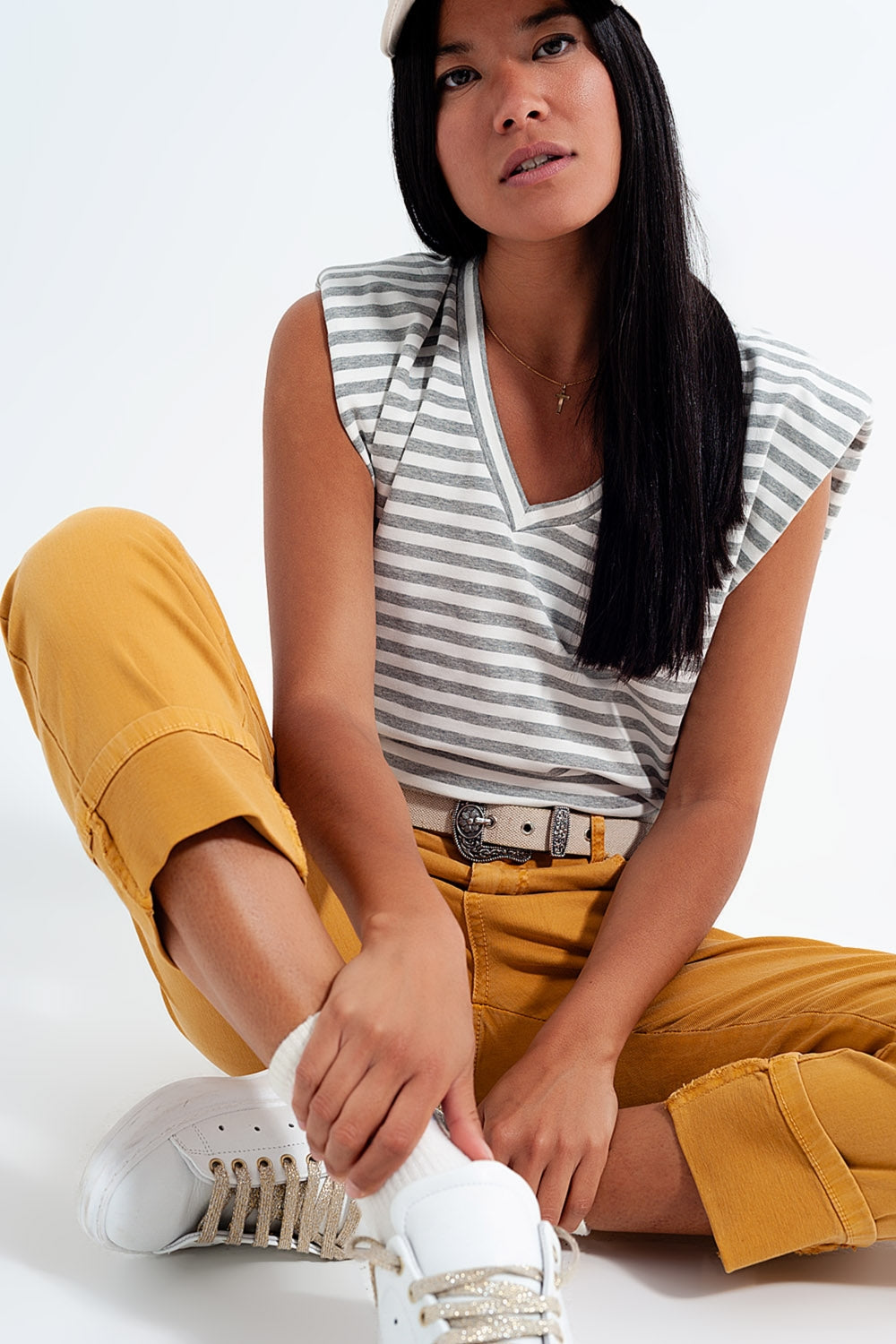 Sleeveless t shirt with shoulder pad in gray stripe | Just Cool Beans — tops