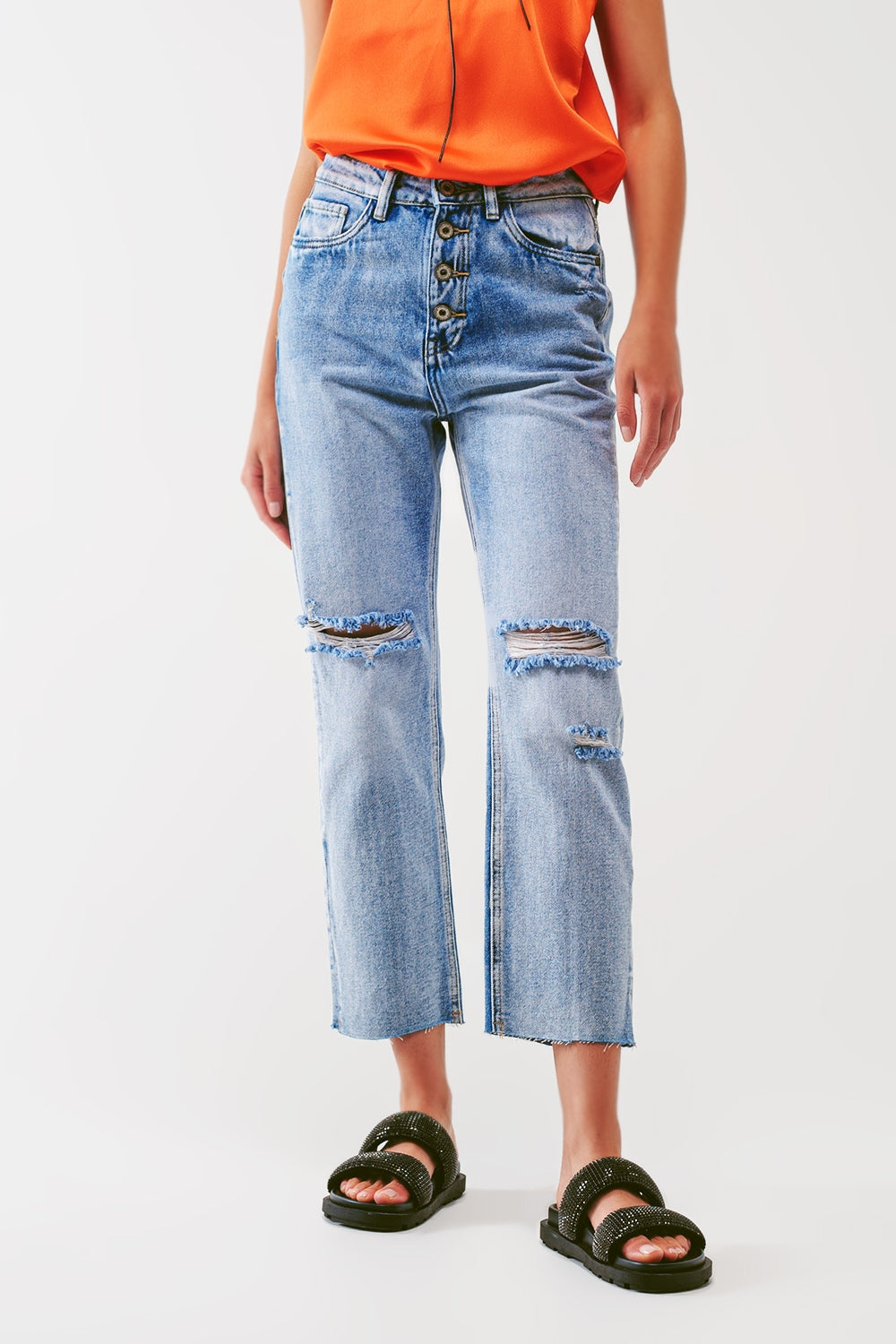 Sraight-leg jeans with exposed buttons and ripped knees in light wash | Just Cool Beans — jeans | the denim shop